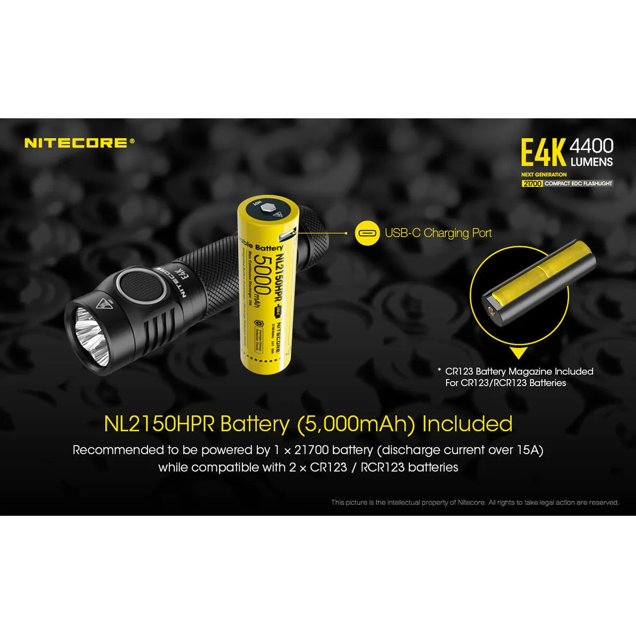 Nitecore E4K Compact EDC Flashlight w/ USB-C Rechargeable Battery ( 4400 Lumens | 21700 Lithium)