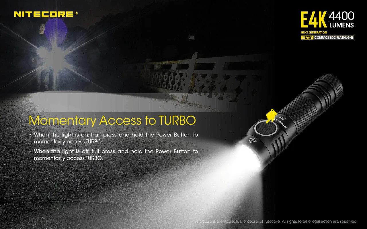 Nitecore E4K Compact EDC Flashlight w/ USB-C Rechargeable Battery ( 4400 Lumens | 21700 Lithium)