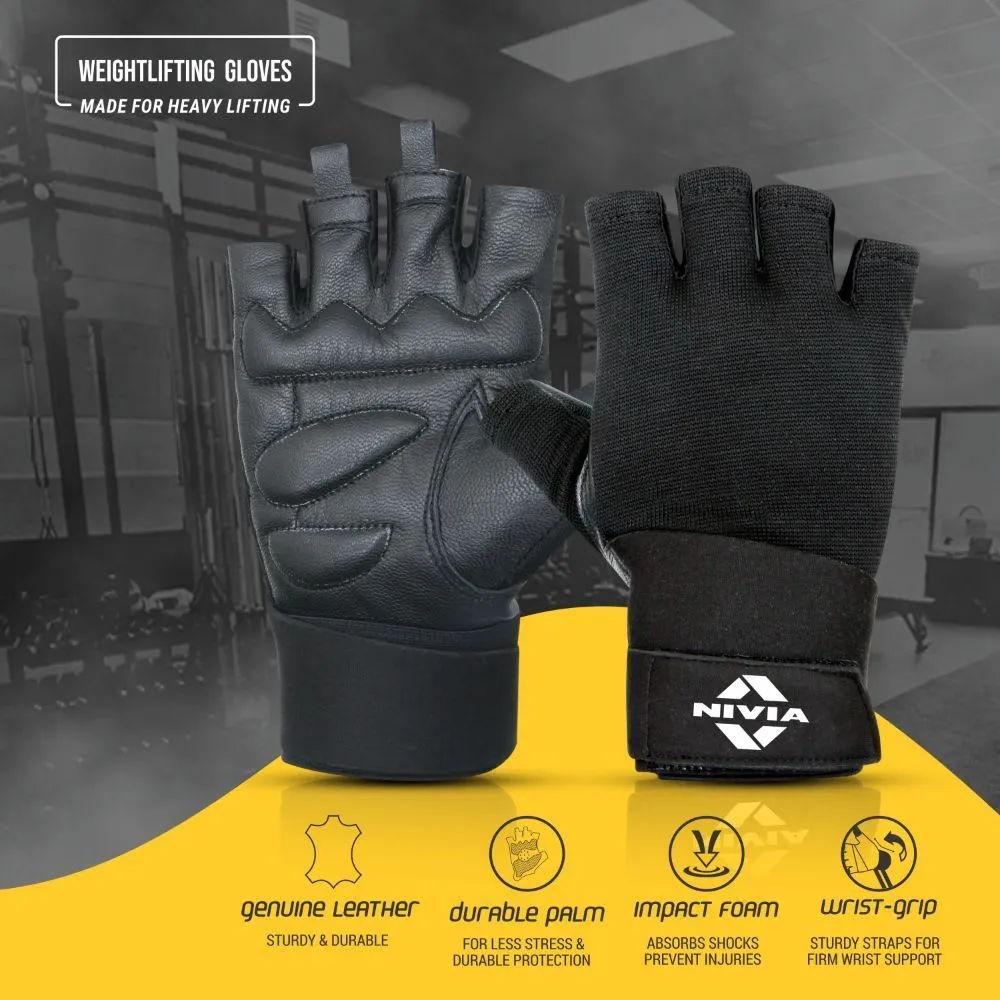 Nivia Leather Gym Weightlifting Gloves Large - (Black)
