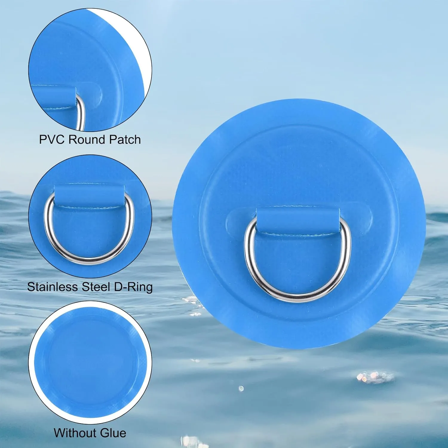 PATIKIL D-Ring Patch Stainless Steel D-Ring PVC Patch Pad No Glue Include with Elastic Cords and Hooks for Inflatable Boat Paddle Board Canoe Surfboard