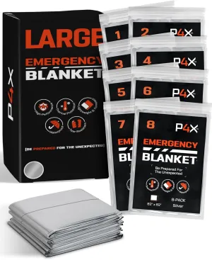 PREPARED4X Mylar Blankets 8 Pack - Waterproof Emergency Blanket - Rip and Tear Resistant Survivalist Gear - Emergency Thermal Blanket for Outdoor Survival
