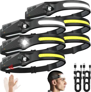Rechargeable Headlamps with Motion Sensor 6pcs, 230 Wide Beam LED Head lamp Rechargeable Battery Powered, Bright Forehead Adjustable Head Light for Adults with 5 Modes, USB C, Waterproof for Camping