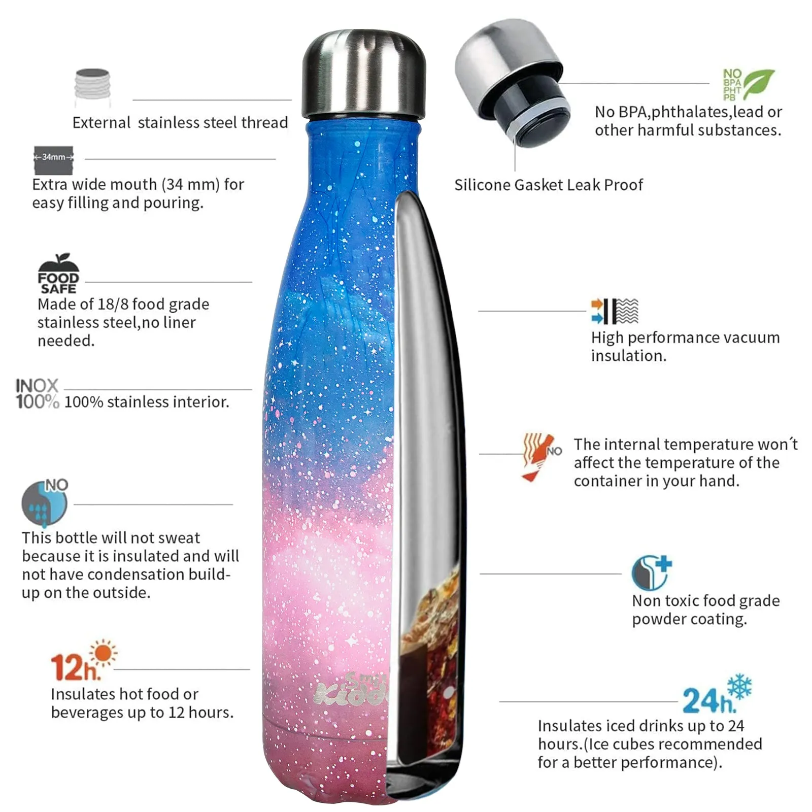 Smily Kiddos 500 ML Stainless Steel  Water Bottle Galaxy Theme