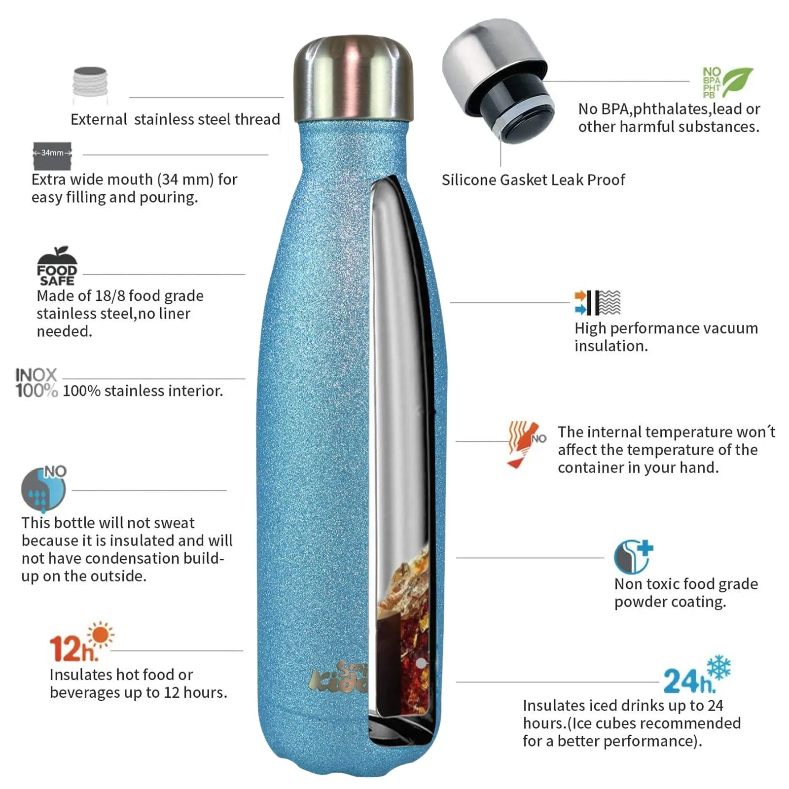 Smily Kiddos 500 ML Stainless Steel Water Bottle  - Glitter Light Blue