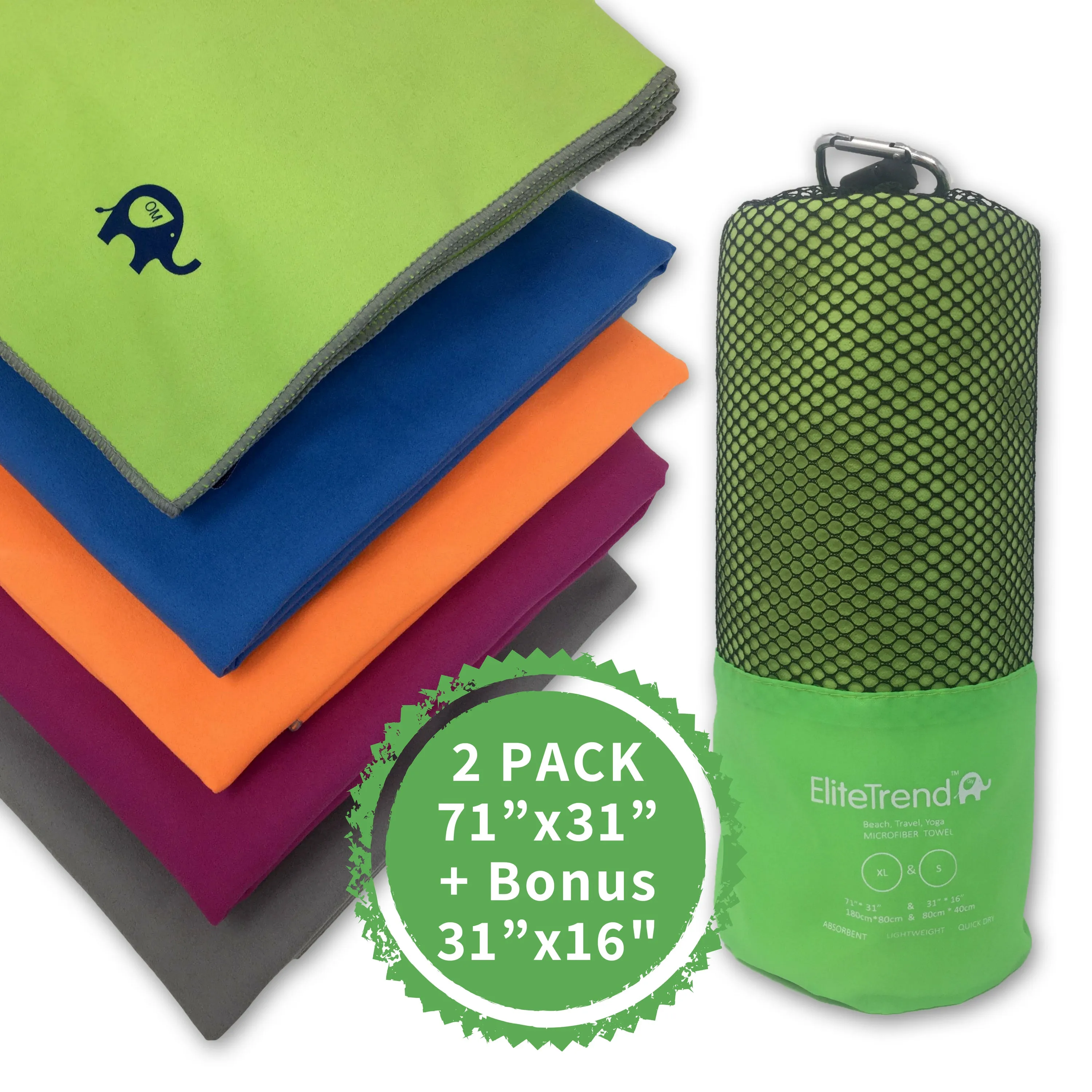 Travel Towel 2 Pack GREEN 71x31  31x16 inch