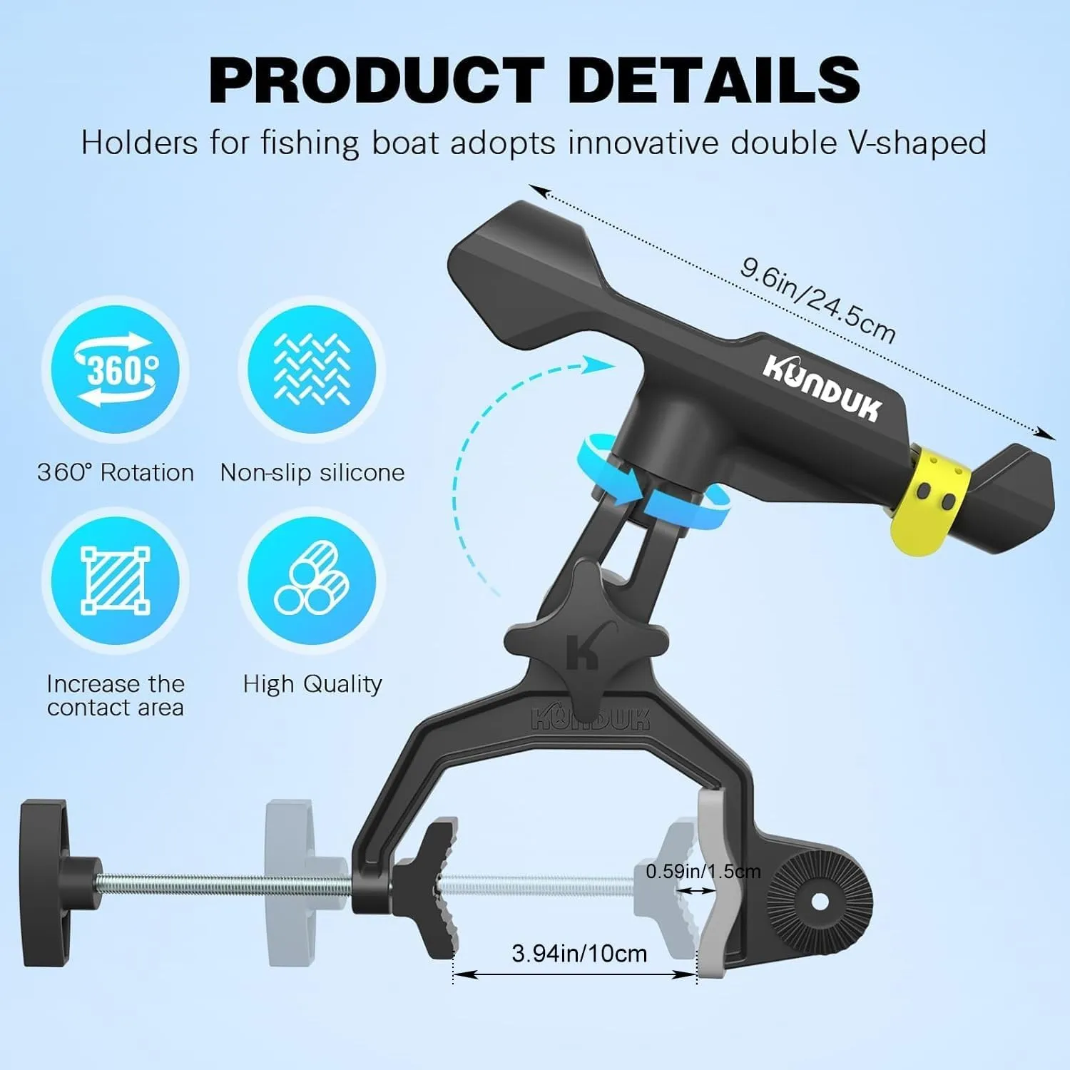Upgraded Fishing Rod Holder with Button-Lock 360 Dual Rotation, Universal Silicone Strap & Enlarged V-Clamp  Fits Round/Square Tubes, Secure Adjustable Boat Fishing Gear for All Rod Sizes